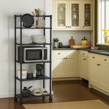 Универсальная напольная этажерка-стеллаж с колёсиками 5-ярусная 120×50×26 см, металлическая, чёрная