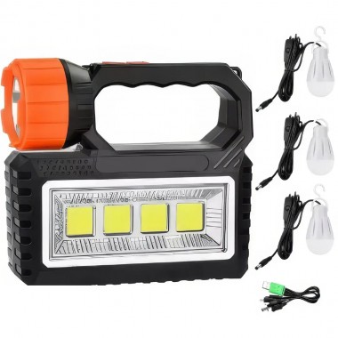 Ручной аккумуляторный светодиодный фонарь с солнечной батареей функцией PowerBank и 3 лампочками OK-718S-B