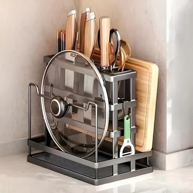 Кухонный органайзер с подставкой для хранения ножей крышек приборов и разделочных дос27,5×23,5×18 см, нержавеющая сталь, серый