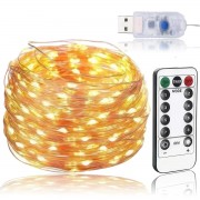 Новогодняя LED гирлянда с серым проводом с пультом управления и питанием от USB Капля Росы Теплый Белый 20м