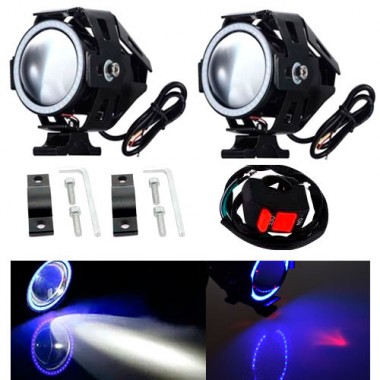 Фары прожекторы для мотоцикла U7 LED 12В 3000лм Angel Eyes синие и кнопка Фары прожекторы для мотоцикла U7 LED 12В 3000лм Angel Eyes синие и кнопка