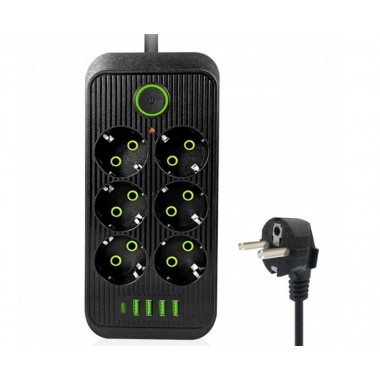 Удлинитель сетевой UA Power F06U, 4USB, Type-C, 6 розеток, 6 м, черный