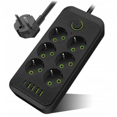 Удлинитель сетевой UA Power F06U, 4USB, Type-C, 6 розеток, 6 м, черный