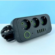 Удлинитель сетевой UA Power F09U, 4USB, Type-C, 3 розетки, 6 м, черный