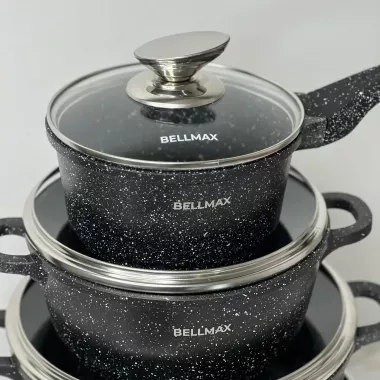 Набор посуды с гранитным антипригарным покрытием BellMax BM-305 из 12 предметов Черный Набор посуды с гранитным антипригарным покрытием BellMax BM-305 из 12 предметов Черный