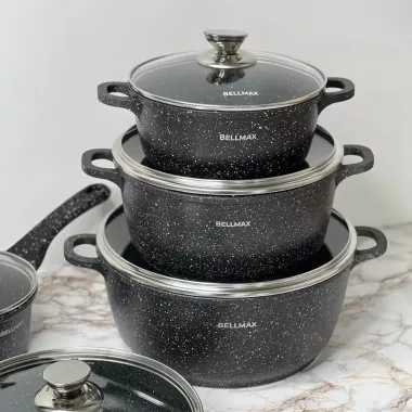 Набор посуды с гранитным антипригарным покрытием BellMax BM-305 из 12 предметов Черный Набор посуды с гранитным антипригарным покрытием BellMax BM-305 из 12 предметов Черный