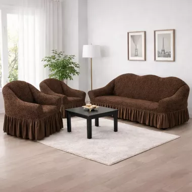 Жаккардовый турецкий чехол на диван и два кресла, универсальный натяжной чехол, накидка на диван Коричневый Жаккардовый турецкий чехол на диван и два кресла, универсальный натяжной чехол, накидка на диван Коричневый