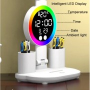 Акумуляторна LED лампа / Настільна лампа з 4 плафонами, RGB-підсвічуванням, годинником та вентилятором