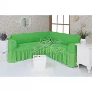 Зеленый Турецкая накидка на угловой диван с оборкой, натяжной чехол на диван