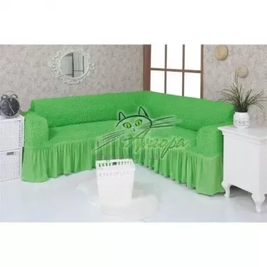 Зеленый Турецкая накидка на угловой диван с оборкой, натяжной чехол на диван