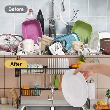 Многофункциональная Двухъярусная полка - органайзер JYH для сушки посуды над раковиной, черная 65 см
