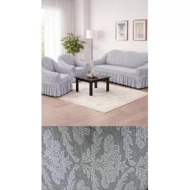 Жаккардовый турецкий чехол на диван и два кресла, универсальный натяжной чехол, накидка на диван Серый Жаккардовый турецкий чехол на диван и два кресла, универсальный натяжной чехол, накидка на диван Серый