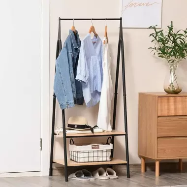 Универсальная прочная напольная передвижная стойка вешалка для одежды с деревянными полками Универсальная прочная напольная передвижная стойка вешалка для одежды с деревянными полками