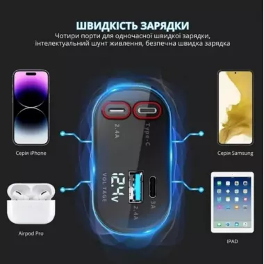 Автомобильное зарядное устройство с быстрой зарядкой 4в1 Lightning / Type-C / USB Автомобильное зарядное устройство с быстрой зарядкой 4в1 Lightning / Type-C / USB