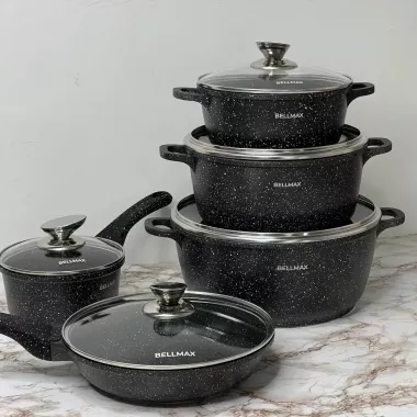 Набор посуды с гранитным антипригарным покрытием BellMax BM-305 из 12 предметов Черный Набор посуды с гранитным антипригарным покрытием BellMax BM-305 из 12 предметов Черный