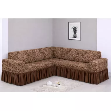 Угловой жаккардовый чехол на диван, универсальный натяжной чехол, накидка на диван Коричневый