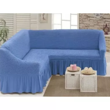 Кремовый Турецкая накидка на угловой диван с оборкой, натяжной чехол на диван