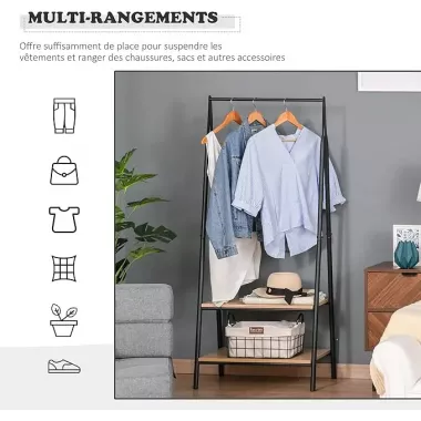 Универсальная прочная напольная передвижная стойка вешалка для одежды с деревянными полками Универсальная прочная напольная передвижная стойка вешалка для одежды с деревянными полками