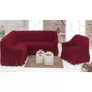 Бордовый Чехол накидка на угловой диван с креслом, комплект чехлов на угловой диван и кресло с оборкой Турция