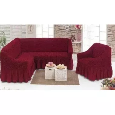 Бордовый Чехол накидка на угловой диван с креслом, комплект чехлов на угловой диван и кресло с оборкой Турция