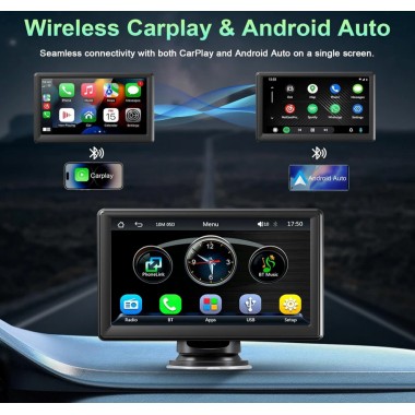 Бездротовий автомобільний екран CarPlay / Портативний автомобільний відеоплеєр, сумісний з Apple CarPlay та Android Auto, 7-дюймовий сенсорний IPS-екран для автомобільної стереосистеми з GPS-навігаціє