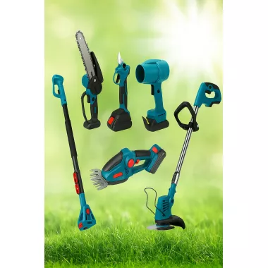 Аккумуляторный универсальный садовый набор 6 в 1 / Секатор / Мини-пила / Триммер / Воздуходувка / Удлинитель / Кусторез