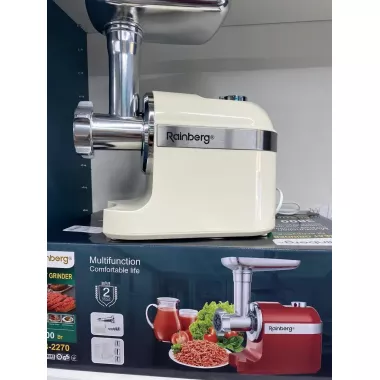 черная Мясорубка Rainberg RB-2270 3800Вт с реверсом и насадками для шинковки и колбас