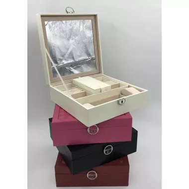 Скринька для прикрас стьобана з великим дзеркалом, що відкидається, маленька скринька всередині колір слонова кістка