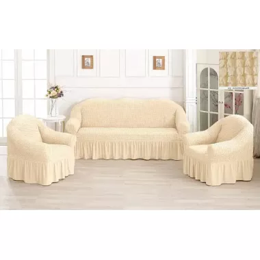 Кремовый Турецкая накидка на угловой диван с оборкой, натяжной чехол на диван