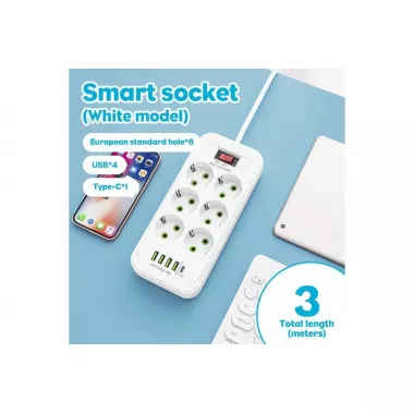 Мережевий подовжувач/фільтр/розгалужувач (D6) 6х220V + 4хUSB+ 1хType-C 3 метри