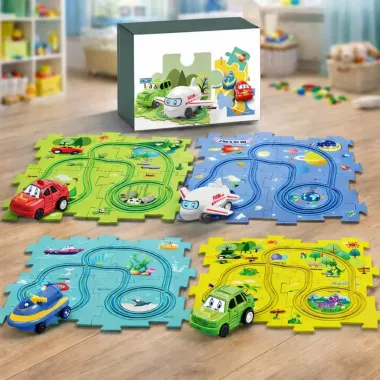 Детский игровой набор Railcar Puzzle / Развивающая головоломка с машинкой и ковриком-пазлом 25 деталей