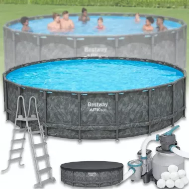 Каркасный круглый бассейн 549х132 см на 26 000 л с фильтр-насосом, лестницей, тентом Bestway 561KC Каркасный круглый бассейн 549х132 см на 26 000 л с фильтр-насосом, лестницей, тентом Bestway 561KC