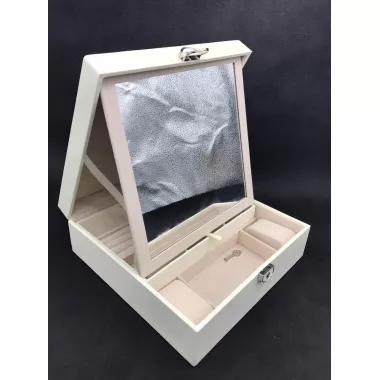 Скринька для прикрас стьобана з великим дзеркалом, що відкидається, маленька скринька всередині колір слонова кістка