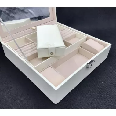 Скринька для прикрас стьобана з великим дзеркалом, що відкидається, маленька скринька всередині колір слонова кістка