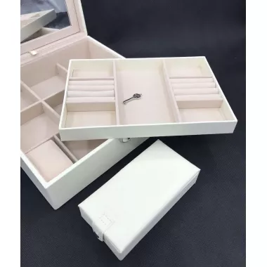 Скринька для прикрас стьобана з великим дзеркалом, що відкидається, маленька скринька всередині колір слонова кістка