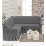 Серый Турецкая накидка на угловой диван с оборкой, натяжной чехол на диван