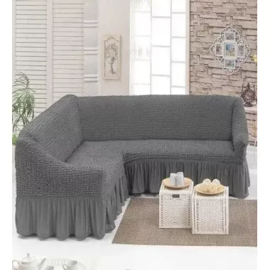 Серый Турецкая накидка на угловой диван с оборкой, натяжной чехол на диван