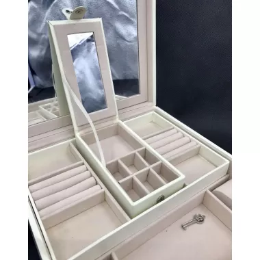 Скринька для прикрас стьобана з великим дзеркалом, що відкидається, маленька скринька всередині колір слонова кістка