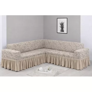Угловой жаккардовый чехол на диван, универсальный натяжной чехол, накидка на диван Бежевый