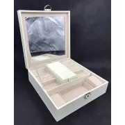 Скринька для прикрас стьобана з великим дзеркалом, що відкидається, маленька скринька всередині колір слонова кістка