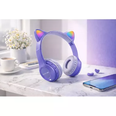 Бездротові навушники з котячими вушками та лід підсвічуванням Cat Ear Y47 Led, Bluetooth навушники з мікрофоном Бузковий