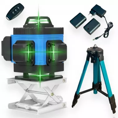 Лазерный 4D уровень аккумуляторный -2 АКБ, 16 линий, пульт ДУ, цифровой дисплей, штатив, полный набор для установки, пластиковый кейс