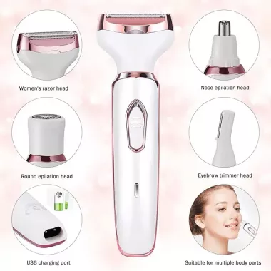 Беспроводная электробритва 4в1 для женщин / Безболезненный и портативный триммер для зоны бикини, лица, ног, подмышек, носа и бровей