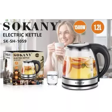 Стеклянный электрочайник 1500Вт Sokany SK-SH-1059, чайник с подсветкой на 1.2 л.