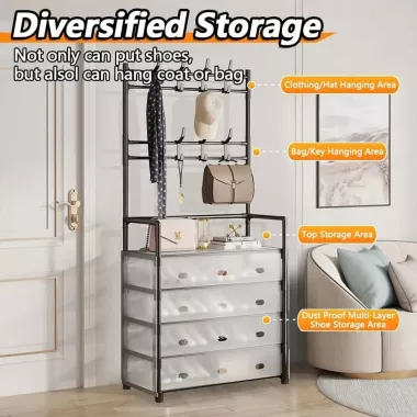 NEW Залізна вішалка для одягу + підставка для взуття, 2 в одному, 4 полиці Бежева