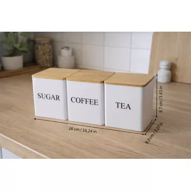 Набор банок для хранения «Sugar/Coffee/Tea» с бамбуковыми крышками и подставкой Набор банок для хранения «Sugar/Coffee/Tea» с бамбуковыми крышками и подставкой
