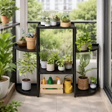 Многоярусная ступенчатая напольная подставка для цветов / Этажерка-стойка для растений Черная