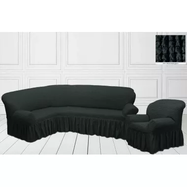 Антрацит Чехол накидка на угловой диван с креслом, комплект чехлов на угловой диван и кресло с оборкой Турция