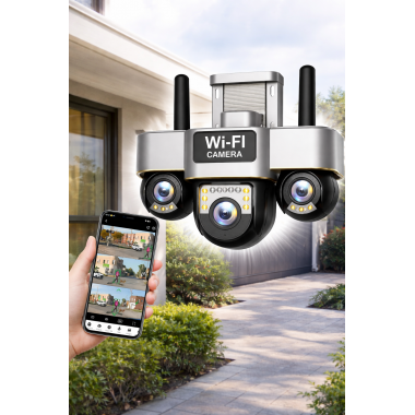 Уличная Wi-Fi камера видеонаблюдения 15MP, 3 объектива / Поворотная камера наблюдения / Smart Net Camera SC28 V380 PRO