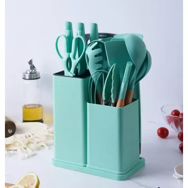 Черный Набор кухонных принадлежностей 19 предметов с двойной подставкой доской набором ножей ZP-0102 Черный Набор кухонных принадлежностей 19 предметов с двойной подставкой доской набором ножей ZP-0102